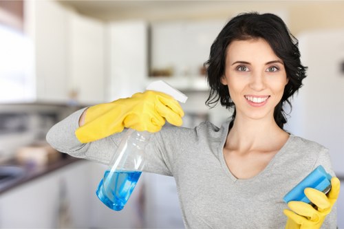 Professional domestic cleaner working in an E14 kitchen and living area