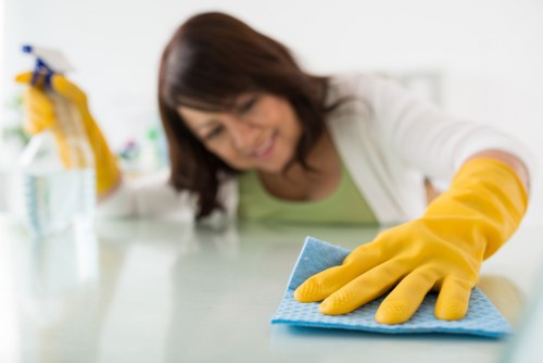 Technician treating stains on a sofa in E14